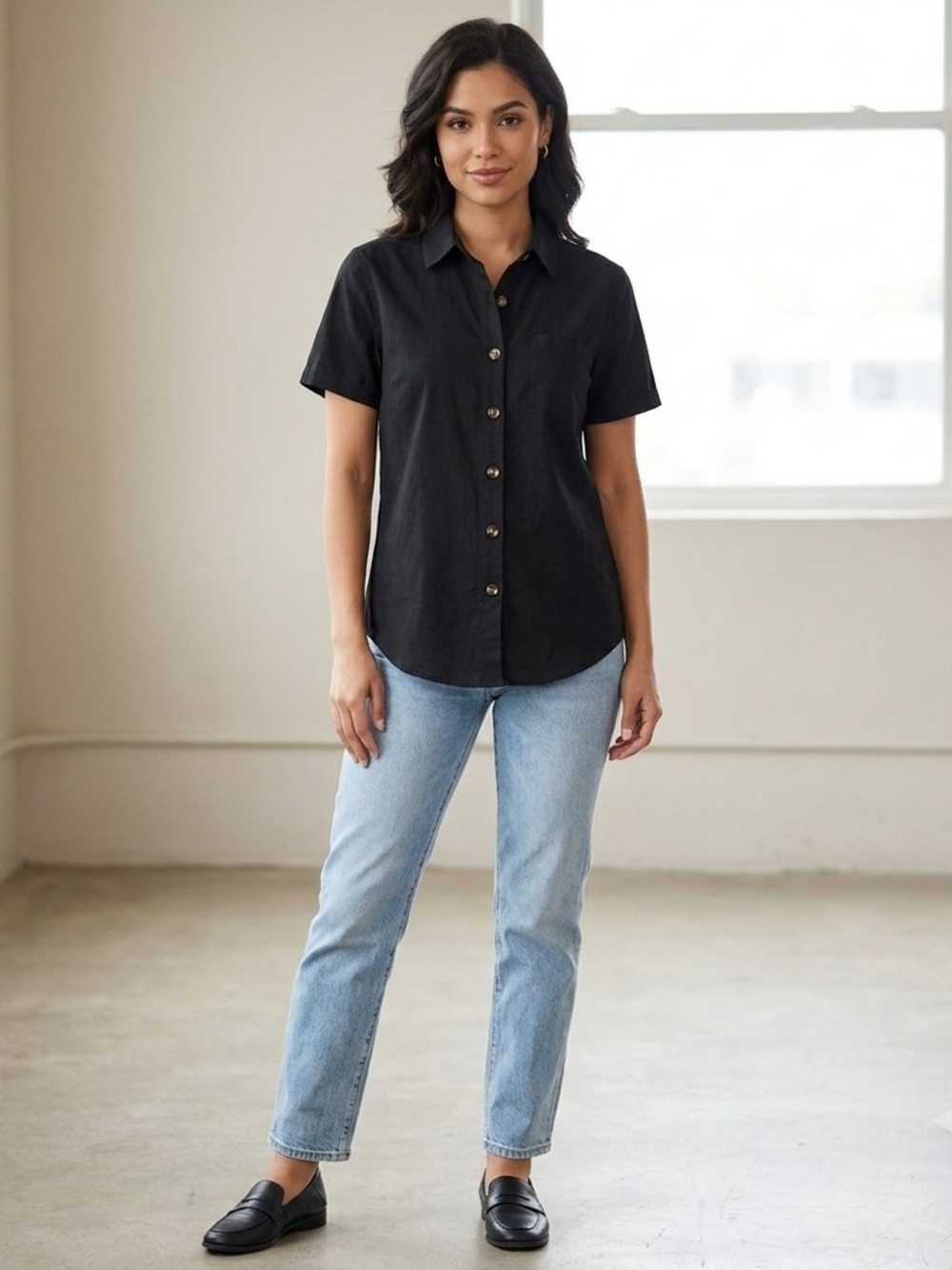 Zeagoo Black 100% Cotton Short Sleeve Button Down Shirt Medium